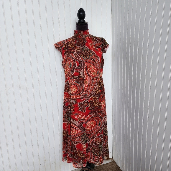 Tommy Hilfiger Women's Paisley Red Multi A-Line Mock-Neck Keyhole Dress Sz 12 - Picture 1 of 15